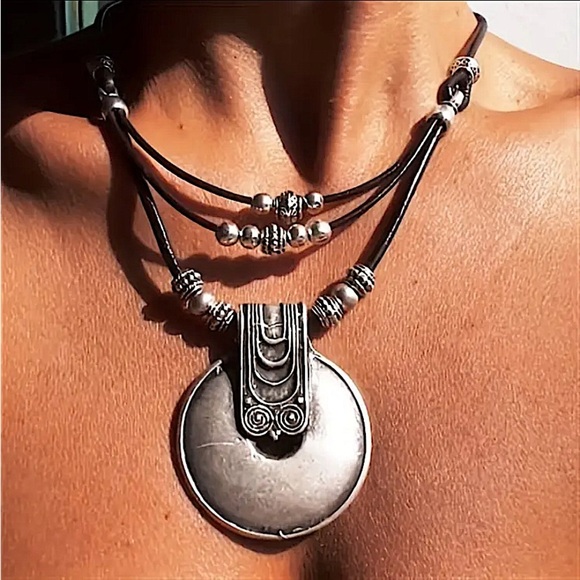 Boho, Hippy, Tribal Statement Necklace Leather Bohemian - Picture 4 of 5